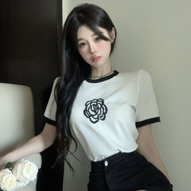 Áo dệt kim loại mỏng áo hoa trà cổ tròn tay ngắn thời trang mùa hè cho nữ