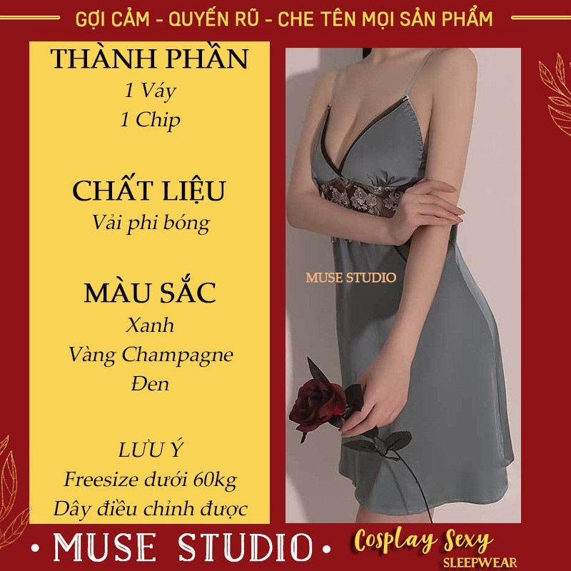 Đồ Ngủ Sexy ❌𝑺𝑨𝑳𝑬 𝑺𝑶̂́𝑪❌ Váy Ngủ Hai Dây Gợi Cảm, Vải Phi Bóng Pha Ren Cao Cấp