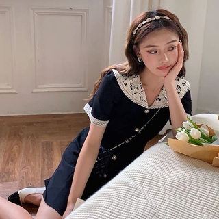 Đầm nữ ngắn tay cổ chữ v phối ren thời trang
