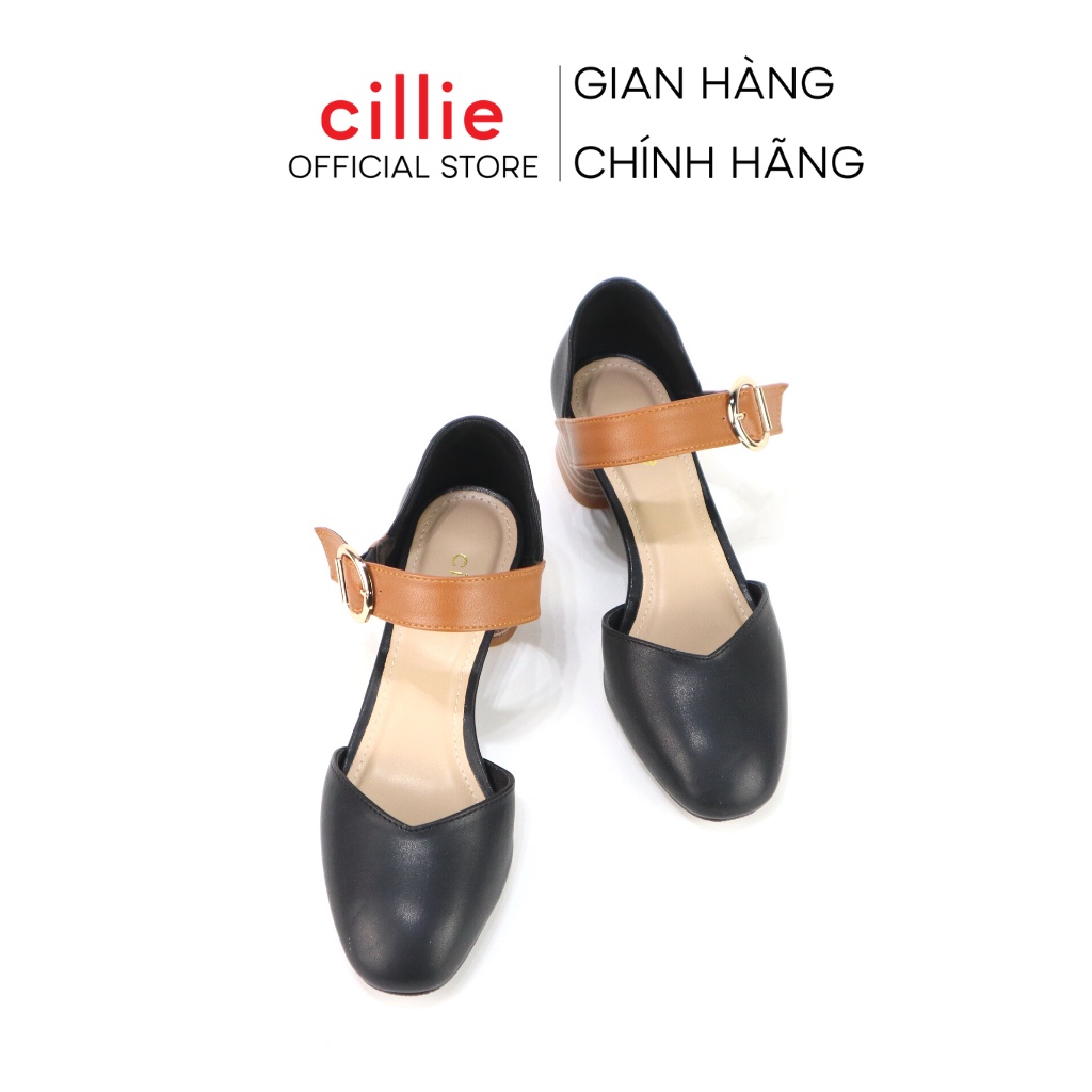 Giày sandal cao gót phối màu mũi tròn cổ điển gót giả gỗ cao 4cm đi chơi dạo phố Cillie 1133