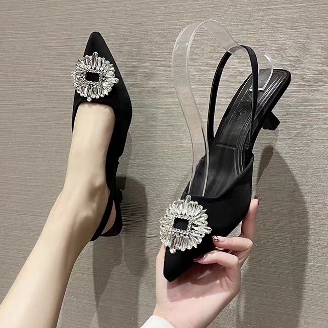 Giày cao gót nữ slingback 4p mũi nhọn đính đá tủa-có size lớn