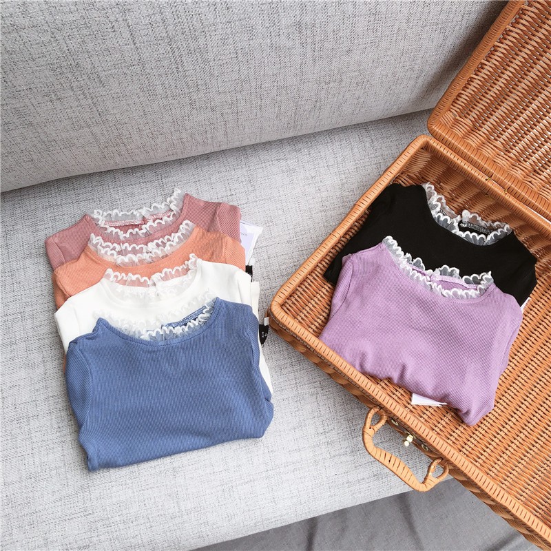 Áo bé gái Cotton _ Cổ lọ phối ren