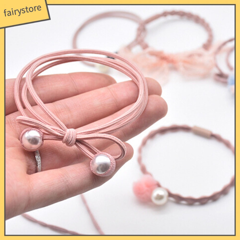 Set 12 Dây Cột Tóc Phối Nơ Và Hạt Ngọc Trai Giả Thời Trang Cho Nữ