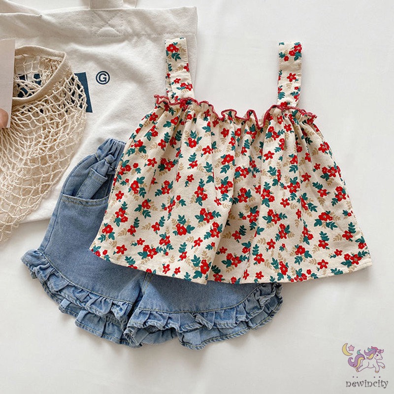 Set Đồ Mùa Hè 2 Món Gồm Áo Hai Dây In Hoa + Quần Ngắn Hàn Quốc Cho Bé Gái