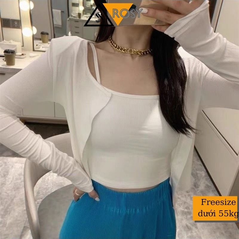 Set áo croptop 2 dây có khoác ngoài chất co giãn siêu xinh cho chị em