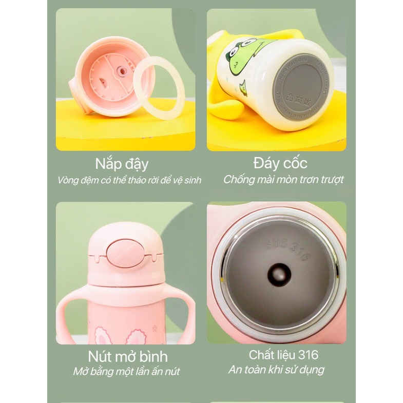Bình Nước Trẻ Em Giữ Nhiệt 360ml, Bình Đựng Nước Đi Học Cho Bé  An Toàn Kèm Dây Xách
