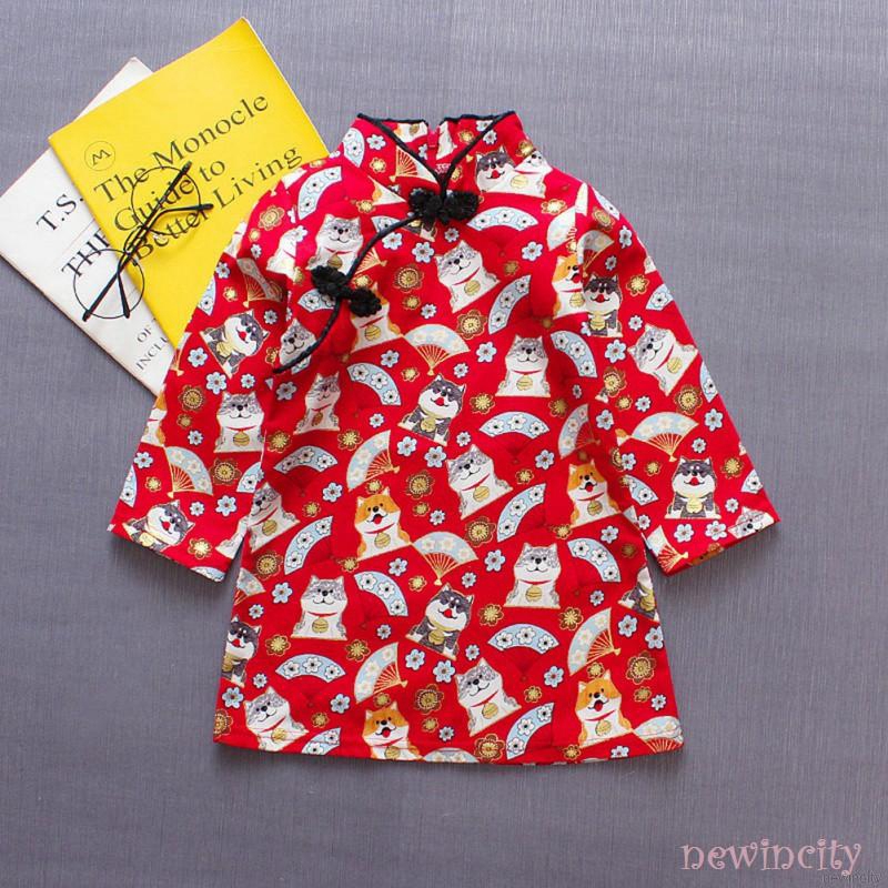 Đầm bé gái tay dài in hình mèo may mắn phong cách Trung Quốc