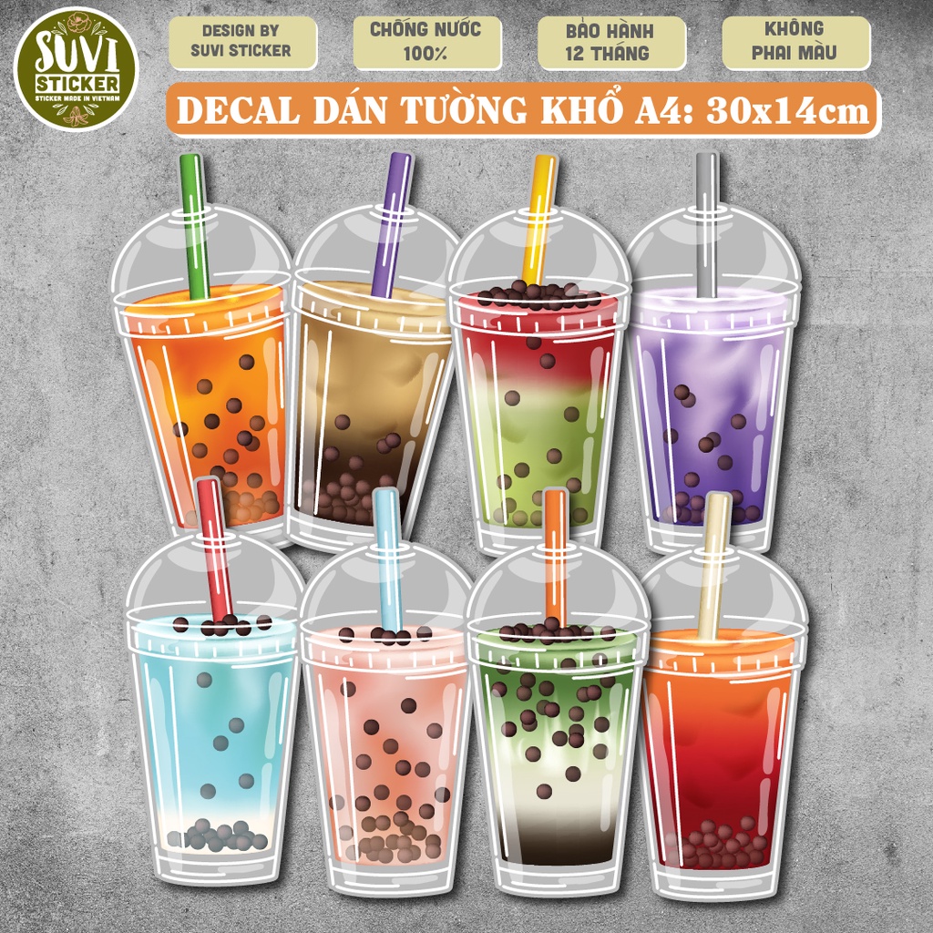 Combo Decal Trà Sữa khổ lớn trang trí tường, dán kính, trang trí quán cà phê khổ A4 chống nước. KL19