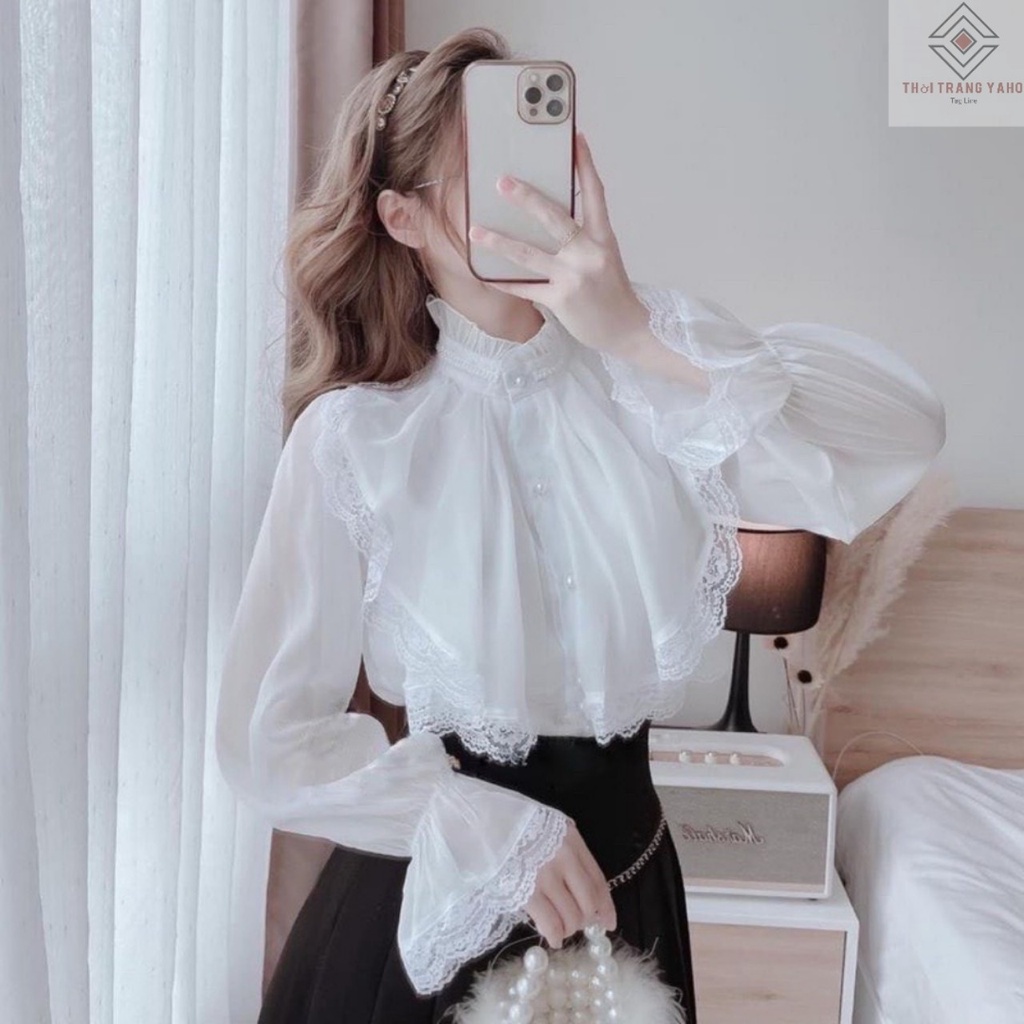 Áo sơ mi nữ kiểu Hàn Quốc bánh bèo tiểu thư đẹp form rộng bigsize cổ ren dài tay phồng màu trắng be - sơ mi nữ họa tiết