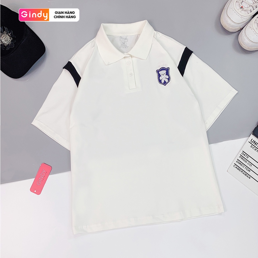 Áo phông có cổ nữ form rộng tay lỡ GINDY polo thêu họa tiết gấu cổ bẻ vải cotton thoáng mát basic unisex A020