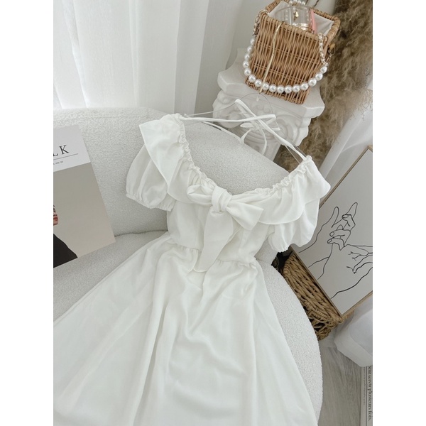 ĐẦM CỔ BÈO NƠ CHÉO DÂY NGỰC MIDI