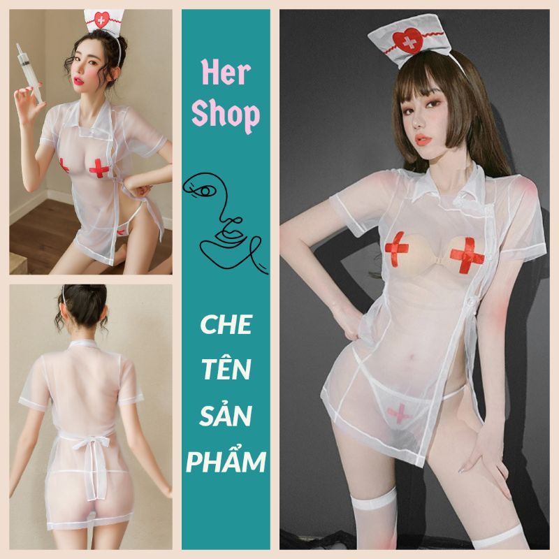 Cosplay y tá xuyên thấu sexy - váy ngủ vải voan lưới trong suốt y tế quyến rũ