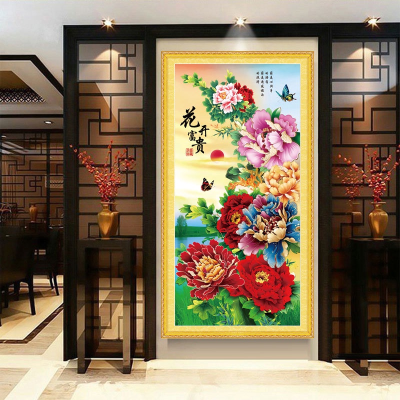 Tranh thêu chữ thập chỉ lụa hoa mẫu đơn 13 5