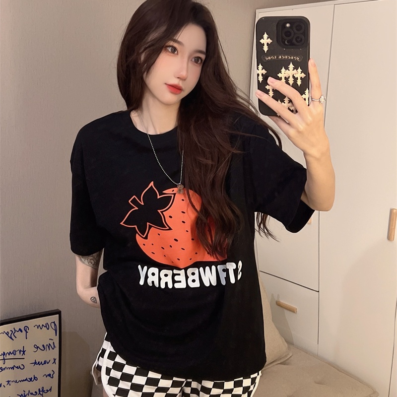 SUXI Áo Thun Ngắn Tay Dáng Rộng In Họa Tiết Trái Cây Đơn Giản Xinh Xắn Cho Nữ
