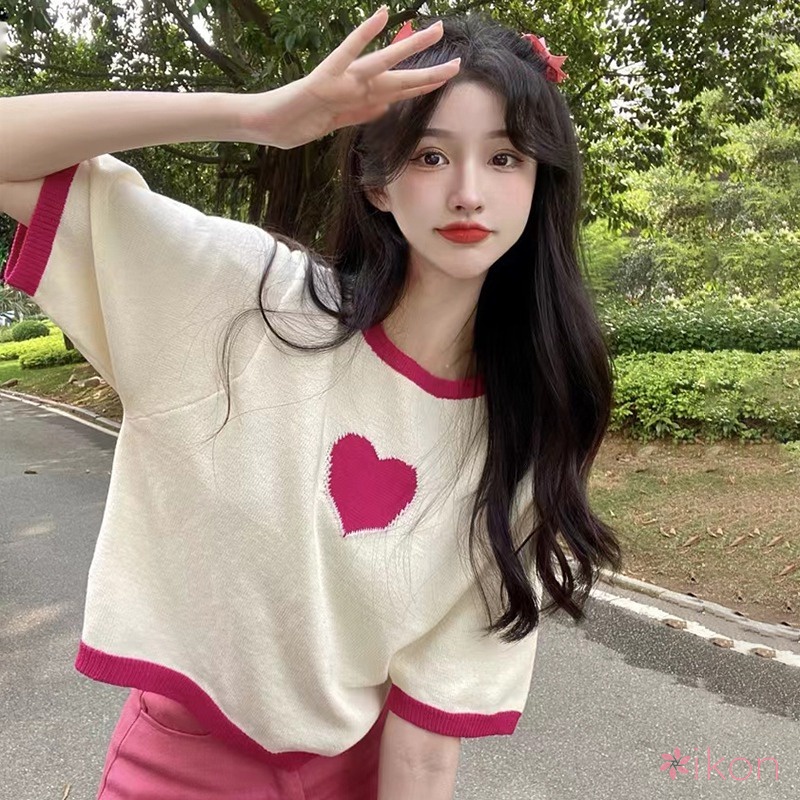 Áo Thun Crop Top Tay Ngắn Dáng Rộng In Hình Trái Tim Kiểu Hàn Quốc