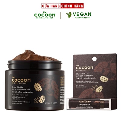 Combo Cà phê Đắklắk làm sạch da chết Body Cocoon 200ml HŨ + tẩy da chết môi Cà phê đắk lắk Cocoon 5g