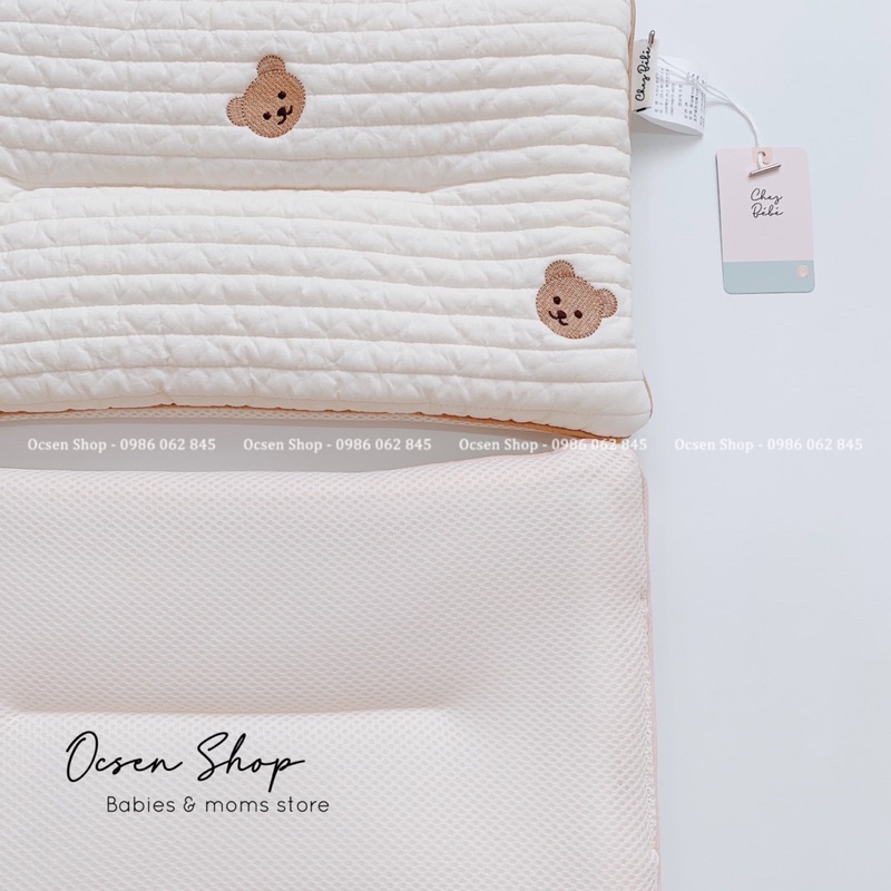 Gối mỏng Chez Bebe nội địa Hàn Quốc cho bé thêu mẫu thỏ, gấu cotton lụa cực kỳ mềm mại, mặt sau 3D Mesh thoáng mát