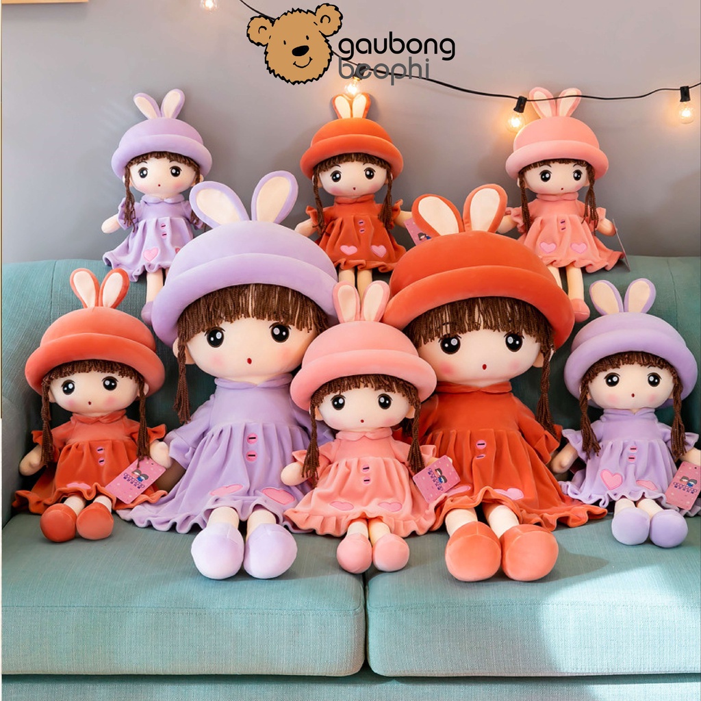 Gấu Bông Búp Bê Nón Tai Thỏ Hàng Cao Cấp, Vải Nhung Siêu Mịn Và Gòn Trắng An Toàn Cho Bé Gấu Bông Béo Phì
