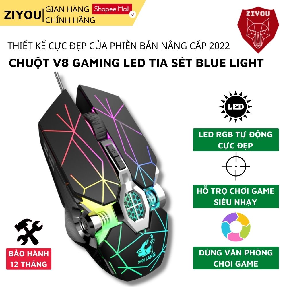 Chuột Máy Tính Có Dây Game Thủ V8 Led Rgb Light/ Thiết Kế Tia Sét Độc Lạ / 6 Nút Bấm Full Chức Năng Cho Máy Tính, Laptop