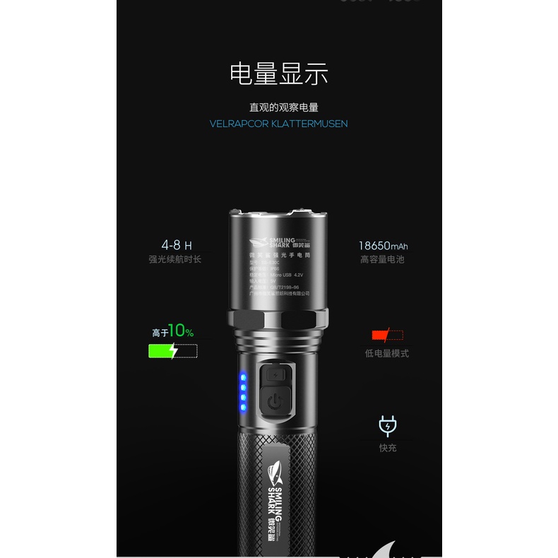 Đèn pin LED Smiling Shark E30 siêu sáng USB có thể sạc lại 3 loại làm việc không thấm nước ngoài trời câu cá cắm trại trên núi