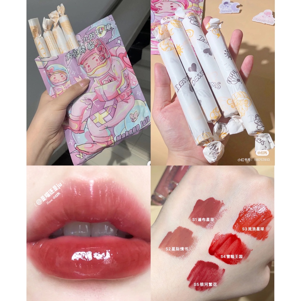 Makeup Loli Son men môi Trộm trái tim gương phi hành gia Cao Hydrate Làm mới ly nước Độ ẩm Không bết dính màu hồng đào nude trà sữa màu hồng tự nhiên trong veo