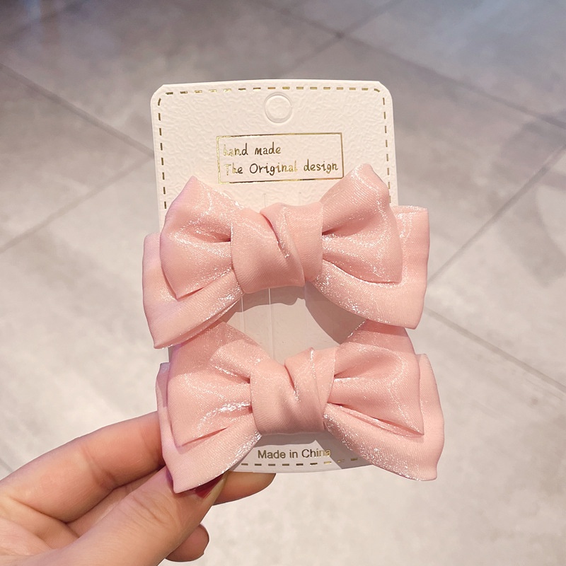 Set 2 Kẹp Tóc Nơ Vải Satin Trơn Thời Trang Hàn Quốc Đáng Yêu Dành Cho Bé Gái