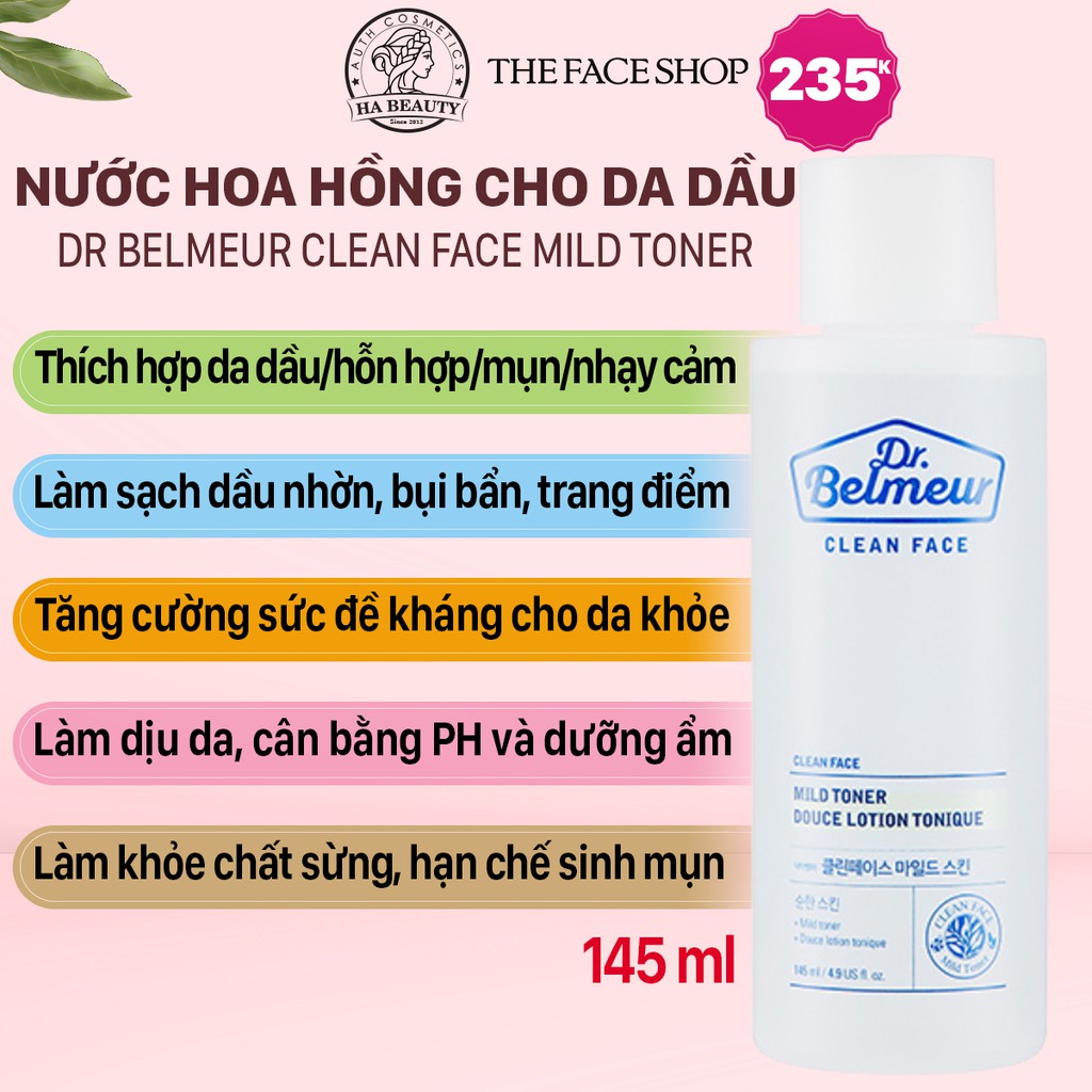 Nước hoa hồng dưỡng ẩm cho da dầu hỗn hợp kể cả da mụn nhạy cảm The Face Shop Dr Belmeur Clean Face Mild Toner 145ml | BigBuy360 - bigbuy360.vn