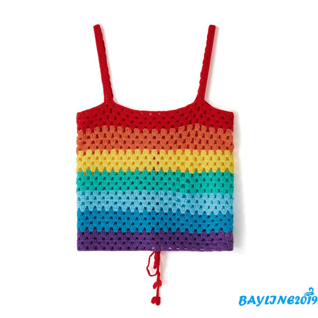 Áo Tank Top Đan Móc Thủ Công Hai Dây Màu Sắc Tương Phản Thời Trang Mùa Hè Cho Nữ