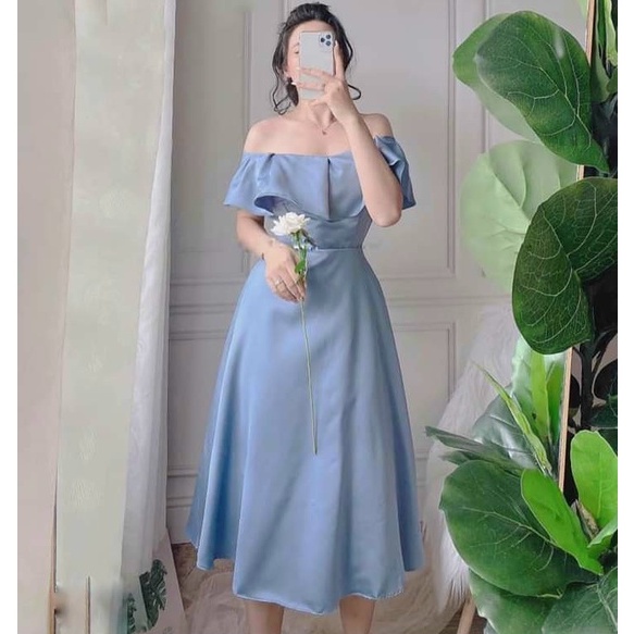 ĐẦM ĐI TIỆC, VÁY CƯỚI ĐI BÀN CÔ DÂU DÁNG XOÈ DÀI QUA GỐI TRỄ VAI SEXY CHẤT VẢI TAPTA CAO CẤP SANG TRỌNG
