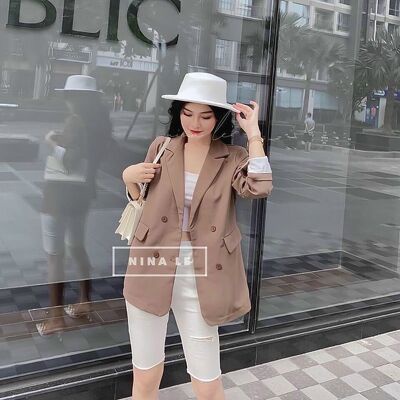 Áo khoác vest blazer thanh lịch pha tay gấp trắng