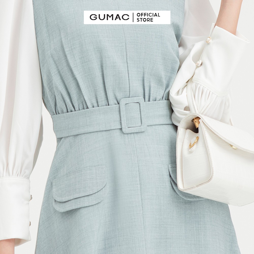 [Mã MABR07062 giảm 8% tối đa 50K đơn từ 249K] Đầm ôm nữ tay dài đai eo GUMAC thiết kế công sở thanh lịch màu xanh DB440 | BigBuy360 - bigbuy360.vn