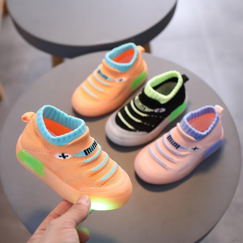 Se7en Children Fly Weave Breathable One Foot Sneakers LED Light Soft Soles Non-slip Socks Shoes For 12M-2.5T