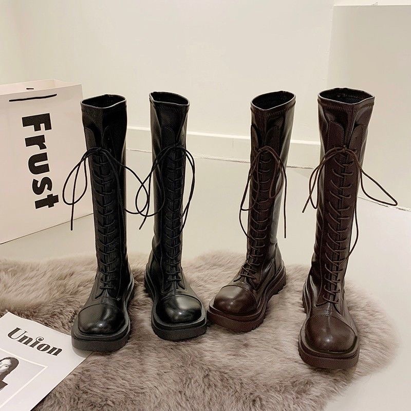 Giày boot đùi nữ chiến binh buộc dây đế độn 5p da mềm lì đẹp ulzzang Eudora899 B36