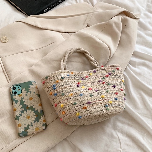 Túi xách dệt sợi mini có đính nơ ruy băng nhiều màu sắc phong cách Hàn Quốc mới thời trang dành cho nữ