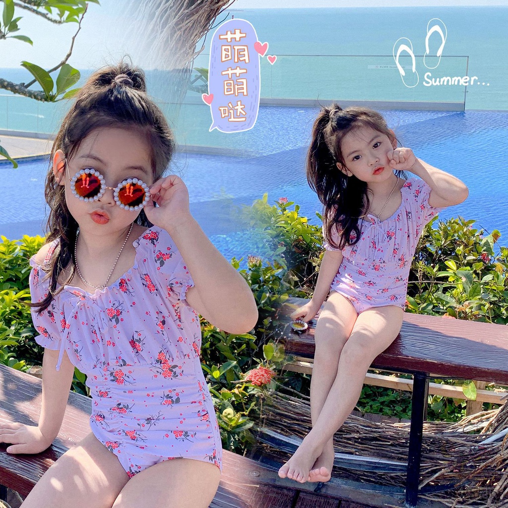 Đồ Bơi Một Mảnh In Hoa Phong Cách Hàn Quốc Kèm Mũ Bơi Cho Bé Gái