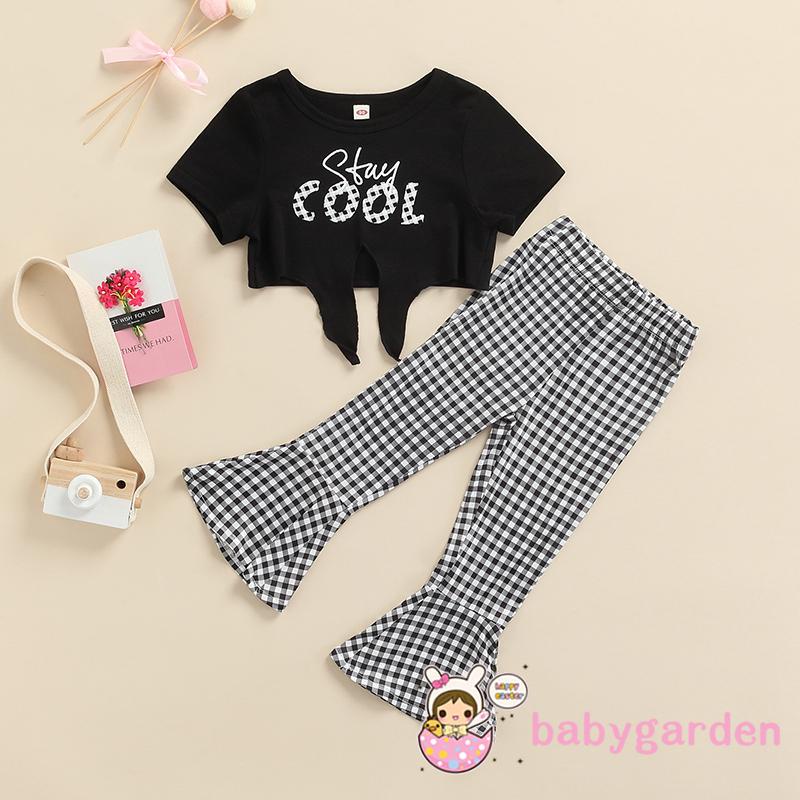 Babygarden-quần Áo Thun Tay Lỡ Và Quần Ống Loe Họa Tiết Ca Rô Mùa Hè Giản Dị Dành Cho Bé Gái
