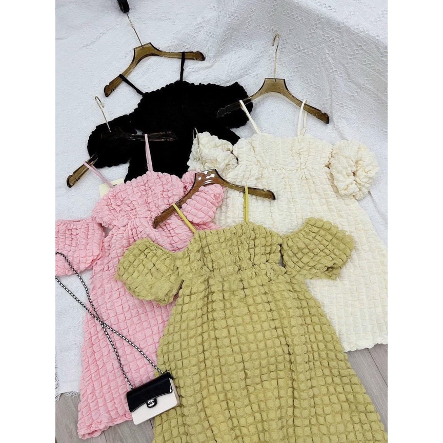 Đầm xốp 2 dây tay bí trễ vai cực xinh , chất thun xốp vuông dày dặn alohashop91