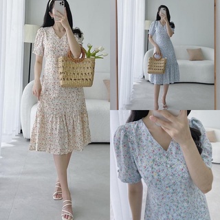 Váy midi cổ V đuôi cá hoa nhí