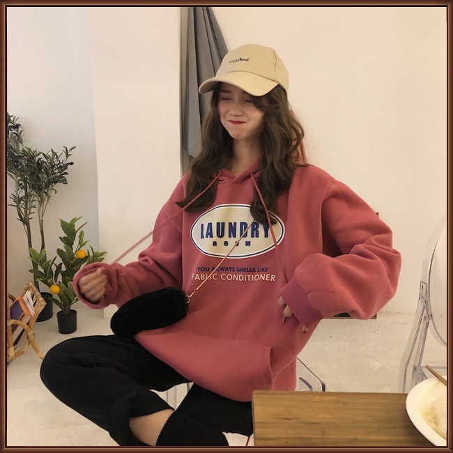 Áo Hoodie Lông Cừu Dày Dáng Chữ A Tay Dài In Chữ Thời Trang Cho Bạn Gái
