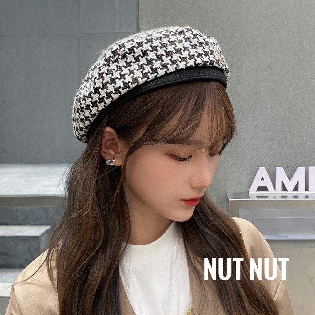Nón Beret nữ dạ - mũ nồi caro thu đông thời trang Hàn Quốc có dây rút cho nữ M01