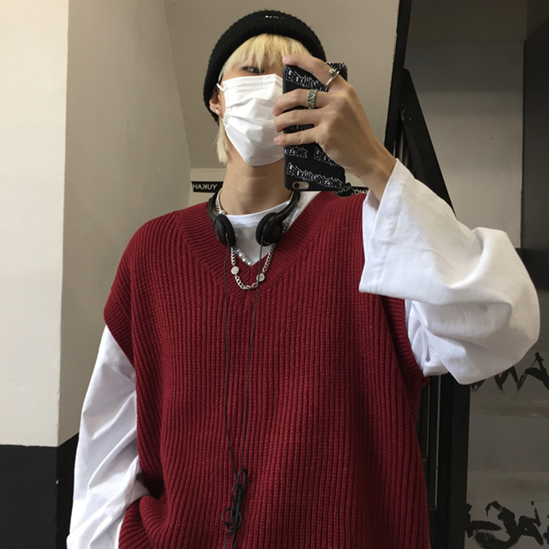 Áo dệt kim không tay chui đầu cổ V đơn giản thời trang Hàn Quốc cho nam nữ 223301