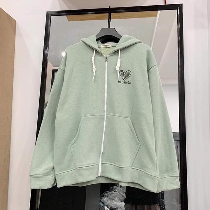 Áo Hoodie Kéo Khóa Zip Trái Tim Phản Quang Màu Xanh Đậu chất vải nỉ cotton cao cấp form rộng có size | BigBuy360 - bigbuy360.vn