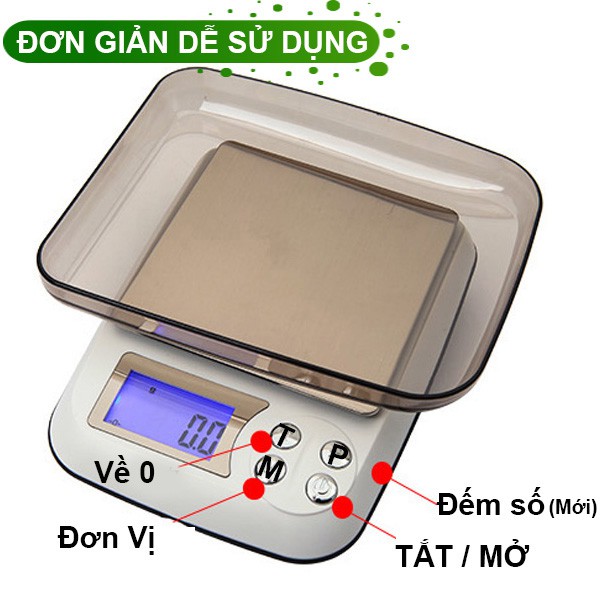 Cân Tiểu Ly Điện Tử 0.1g/ 2Kg,Tặng 1 Khay Đựng, Cân Điện Tử Nhà Bếp