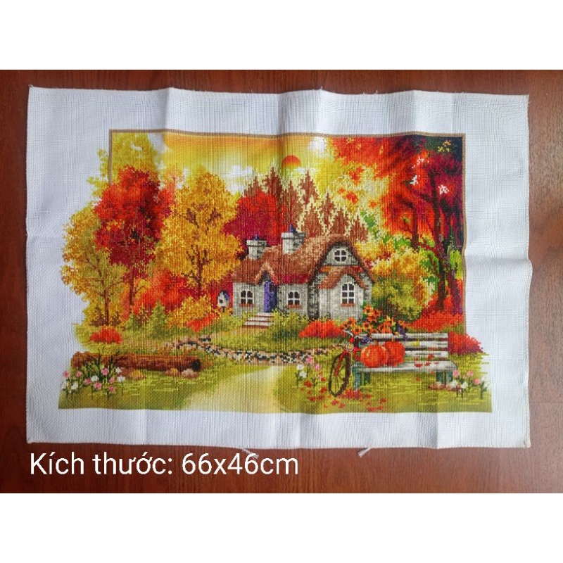 Tranh thêu thành phẩm ngôi nhà mùa thu