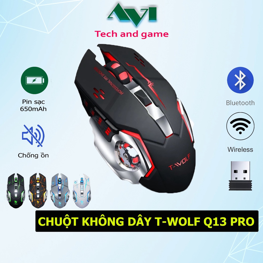 Chuột không dây Bluetooth T-WOLF Q13 không dây pin sạc chống ồn 2400DPI cho máy tính - Hàng Chính Hãng