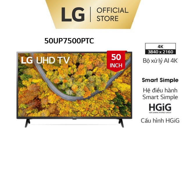 [Mã ELLGHOT giảm 5% đơn 3TR] Smart UHD Tivi LG 50 inch 4K 50UP7500PTC - Model 2021 - Miễn phí lắp đặt