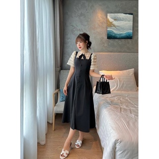 Váy đen dài phối tay tơ ren be by La Moneta