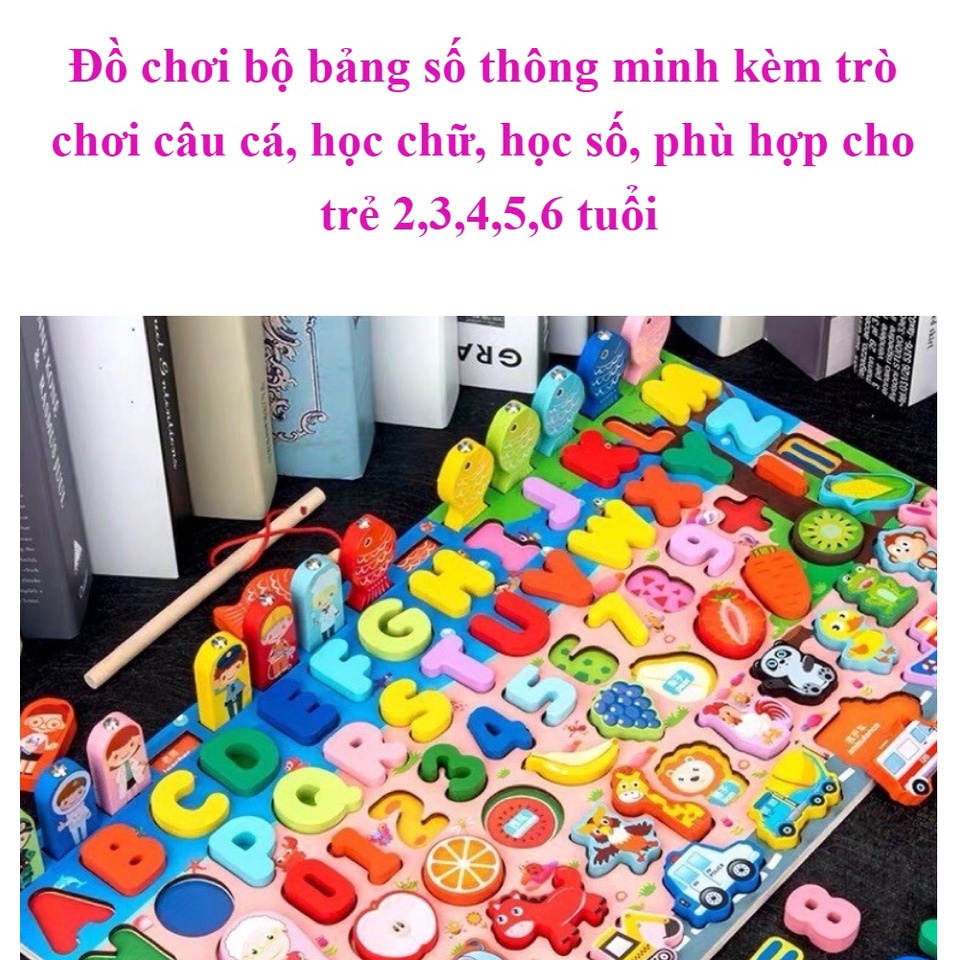 Bảng số, chữ, hình, câu cá nhiều dòng - bảng số gỗ thông minh LENGKENG đa năng cho bé