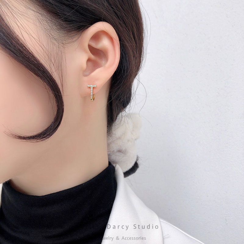 MRS.D【In Stock】100% Sterling Silver T-word Earrings S925 Earrings Stud Earrings Colors of Zircon Jewelry Gift Ear Clips Minimalist Earring Design Jewelry Girls Allergy Free