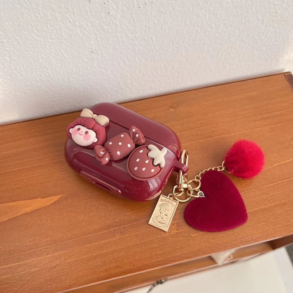 Burgundy girl compatible for airpods 1/2 pro cartoon protect Bluetooth headset cover soft tpu with chain airpods 3 new